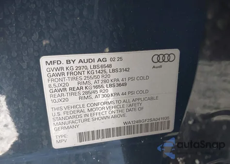 2025 Audi Q6 E-Tron Premium Plus Quattro z USA, uszkodzony, nr VIN WA124BGF2SA041935